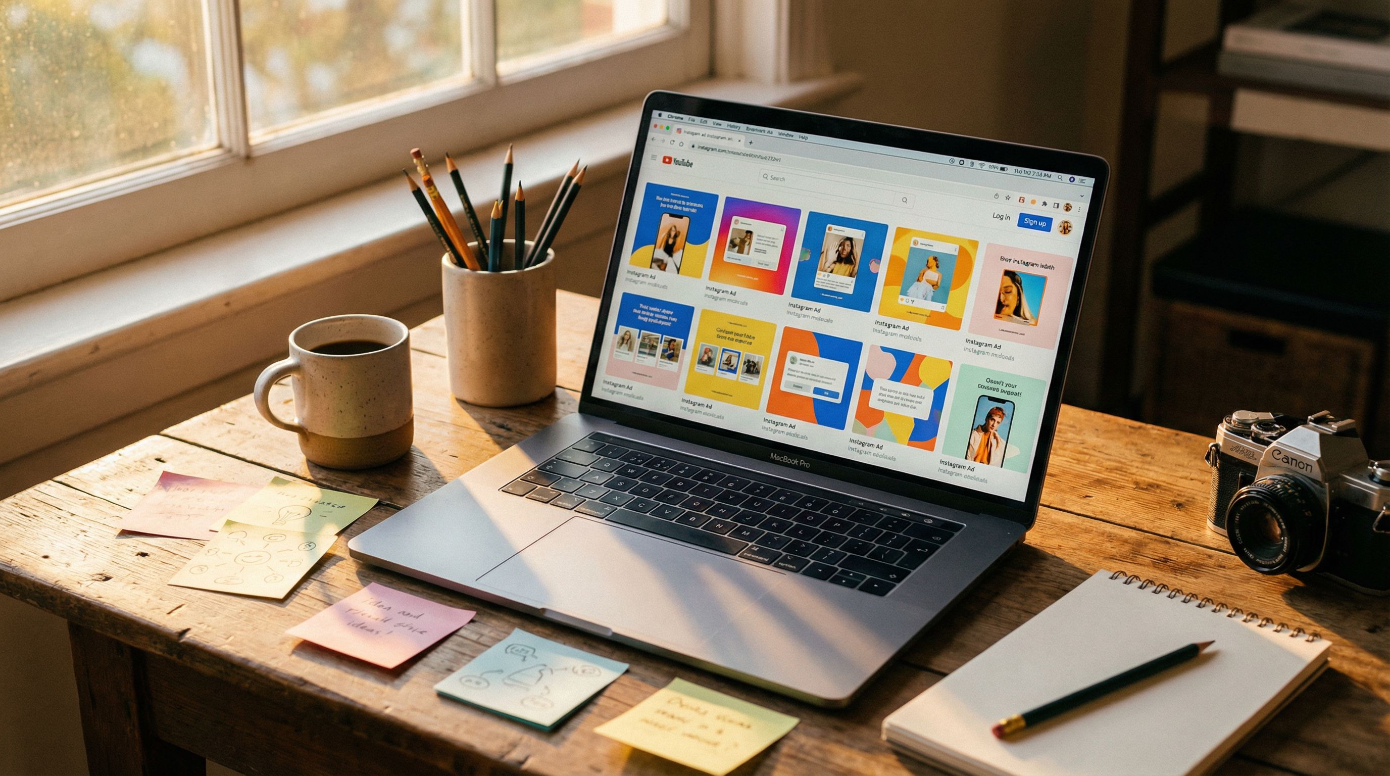 Creative workspace with ad mockups