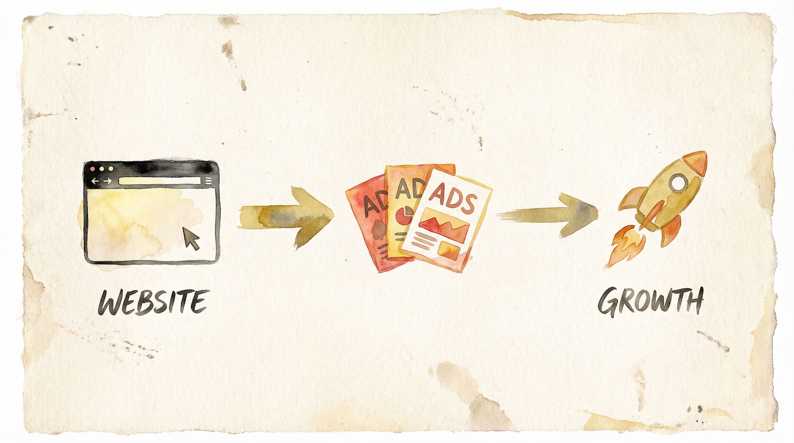 Watercolor flow: browser to ads to launch